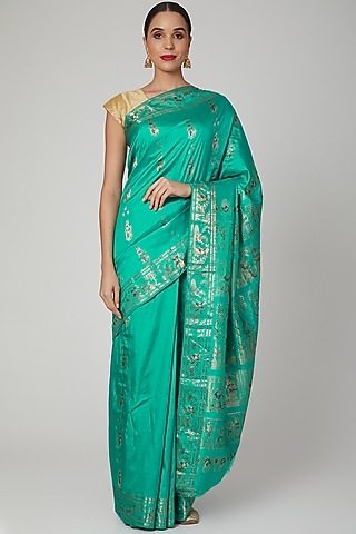 Bluish Green Bishnupur Silk Baluchari Saree Set by Aditri