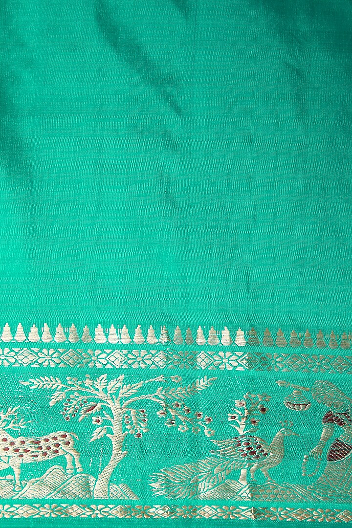 Bluish Green Bishnupur Silk Baluchari Party Wear Saree Set by Aditri at Pernia's Pop Up Shop