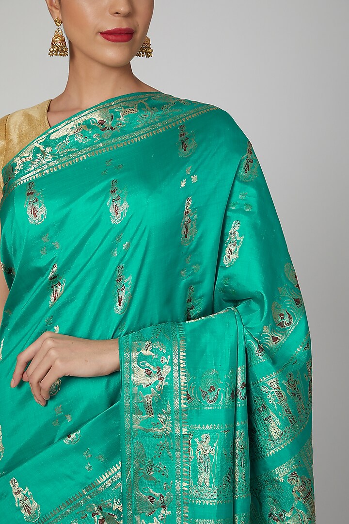 Bluish Green Bishnupur Silk Baluchari Party Wear Saree Set by Aditri at Pernia's Pop Up Shop