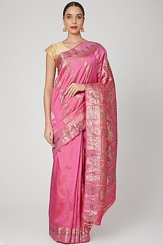 Fuchsia Bishnupur Silk Meenakari Baluchari Saree Set by Aditri