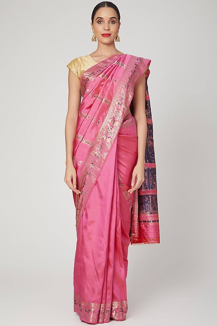 Fuchsia Bishnupur Silk Meenakari Baluchari Party Wear Saree Set by Aditri at Pernia's Pop Up Shop