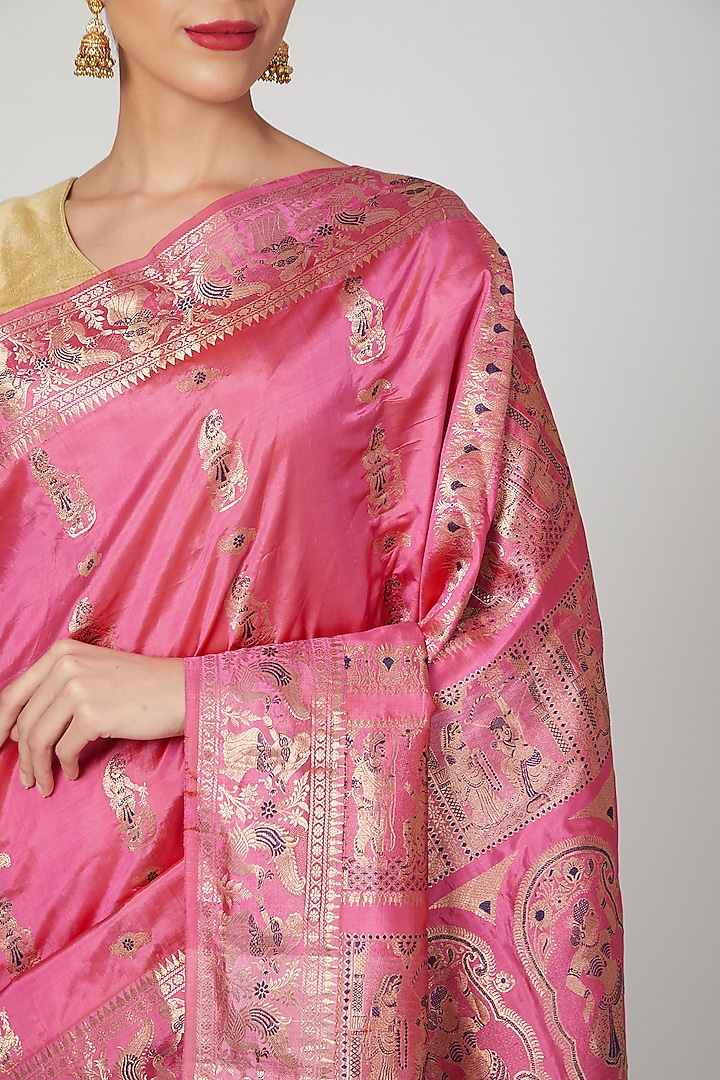 Fuchsia Bishnupur Silk Meenakari Baluchari Party Wear Saree Set by Aditri at Pernia's Pop Up Shop