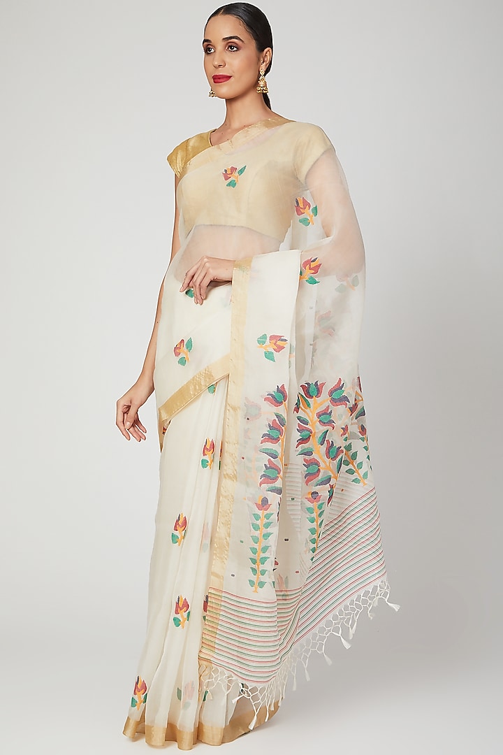 Cream Saree Set With Lotus Motifs by Aditri