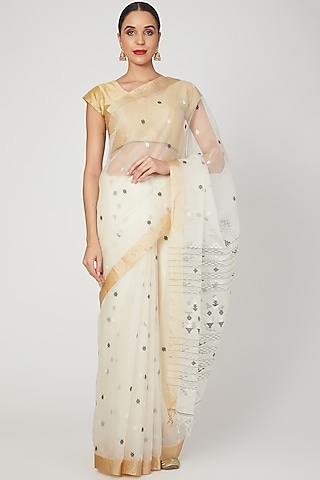 White Pure Resham Silk Jamdani Motifs Saree Set by Aditri