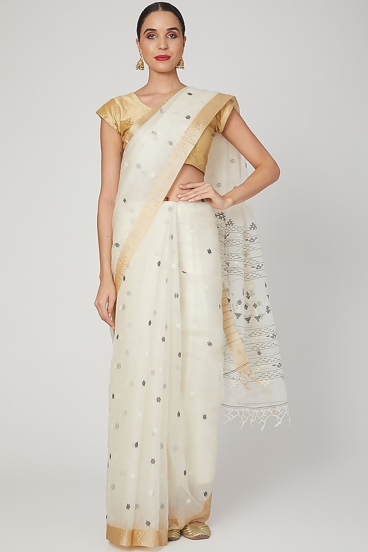 White Pure Resham Silk Jamdani Motifs Party Wear Saree Set by Aditri at Pernia's Pop Up Shop