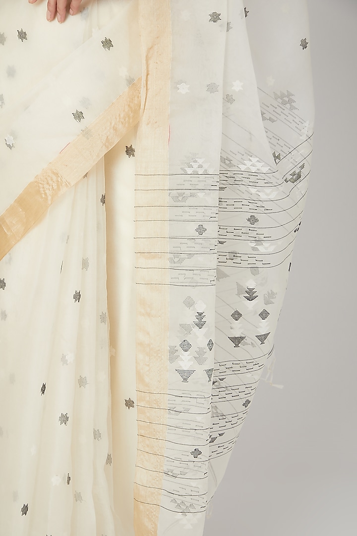 White Pure Resham Silk Jamdani Motifs Party Wear Saree Set by Aditri at Pernia's Pop Up Shop
