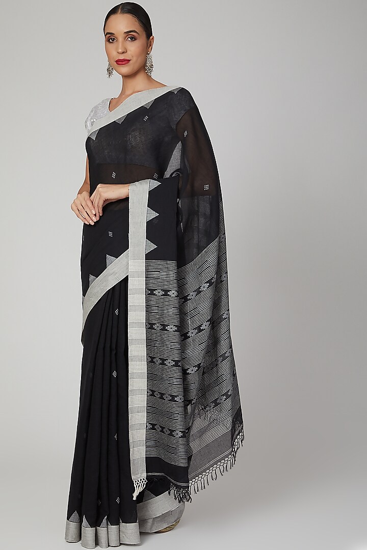 Black Khadi Cotton Striped Saree Set by Aditri