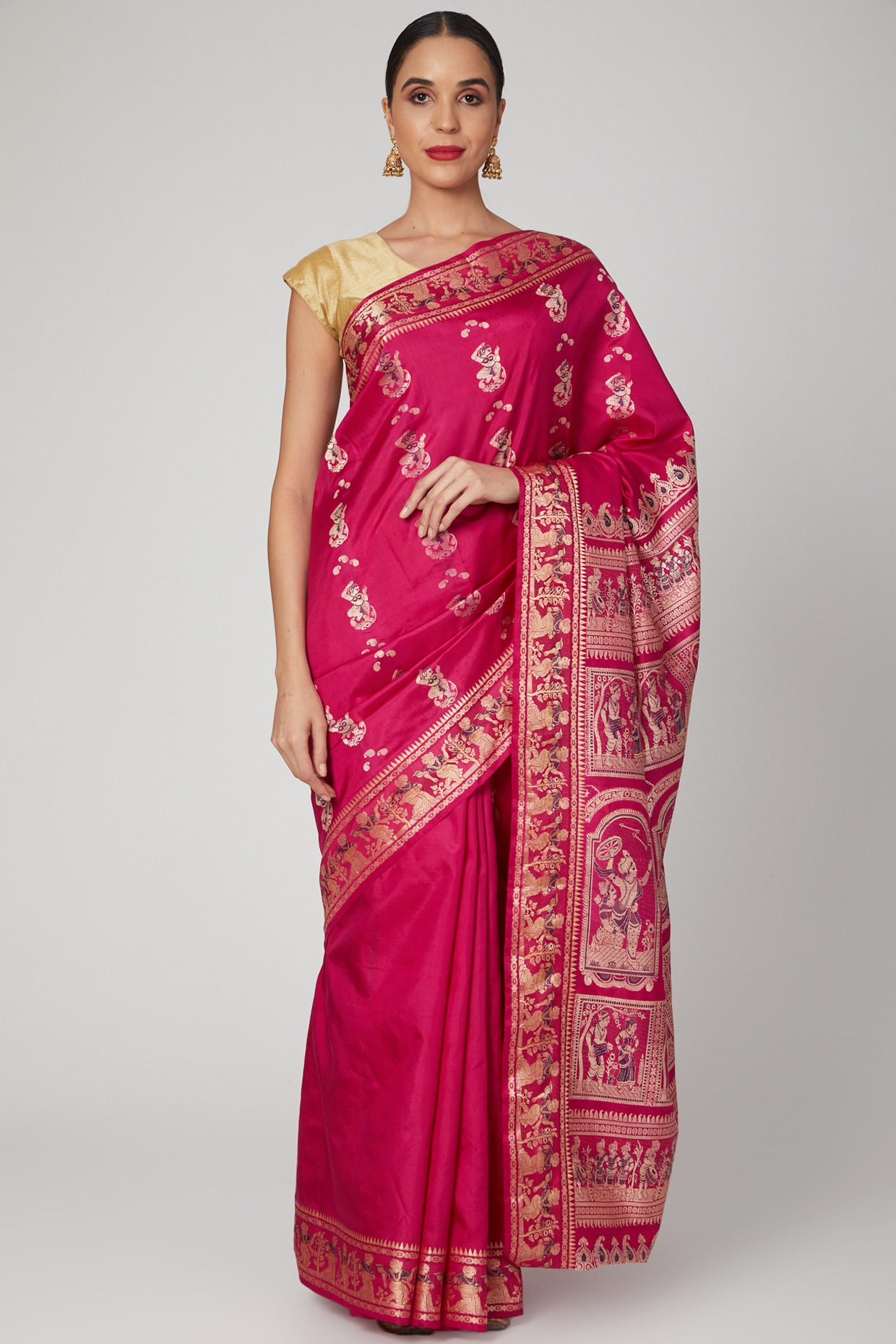 SQNX7337 Pink Baluchari Saree with Zari & Resham woven Dancing Pictoral  motifs – Chhabra 555