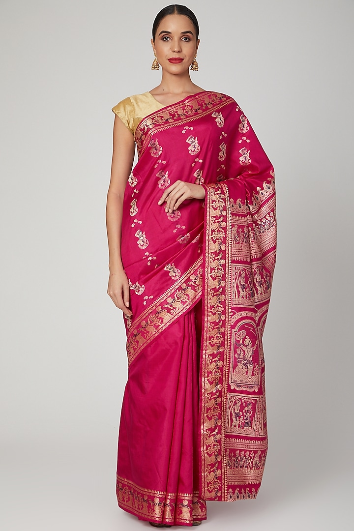 Pink Meenakari Silk Baluchari Saree Set by Aditri at Pernia's Pop Up Shop