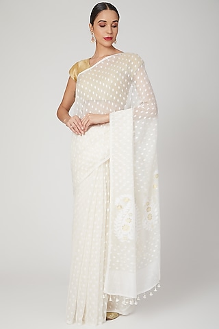 White Floral Motif Saree Set by Aditri