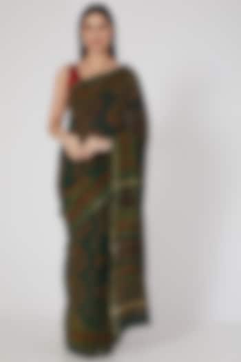 Mehendi Green Chanderi Silk Ajrakh Printed Saree Set by Aditri
