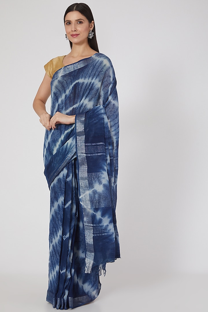 Sky Blue Shibori Printed Saree Set by Aditri