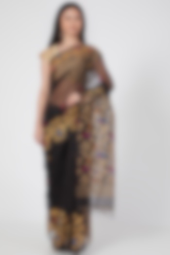 Black Resham Silk Floral Embroidered Saree Set by Aditri