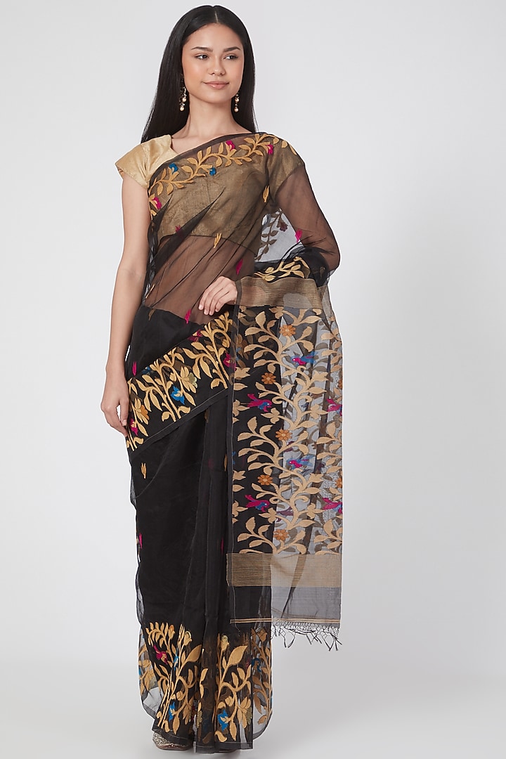 Black Resham Silk Floral Embroidered Party Wear Saree Set by Aditri at Pernia's Pop Up Shop