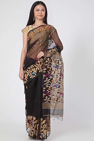 Black Resham Silk Floral Embroidered Saree Set by Aditri