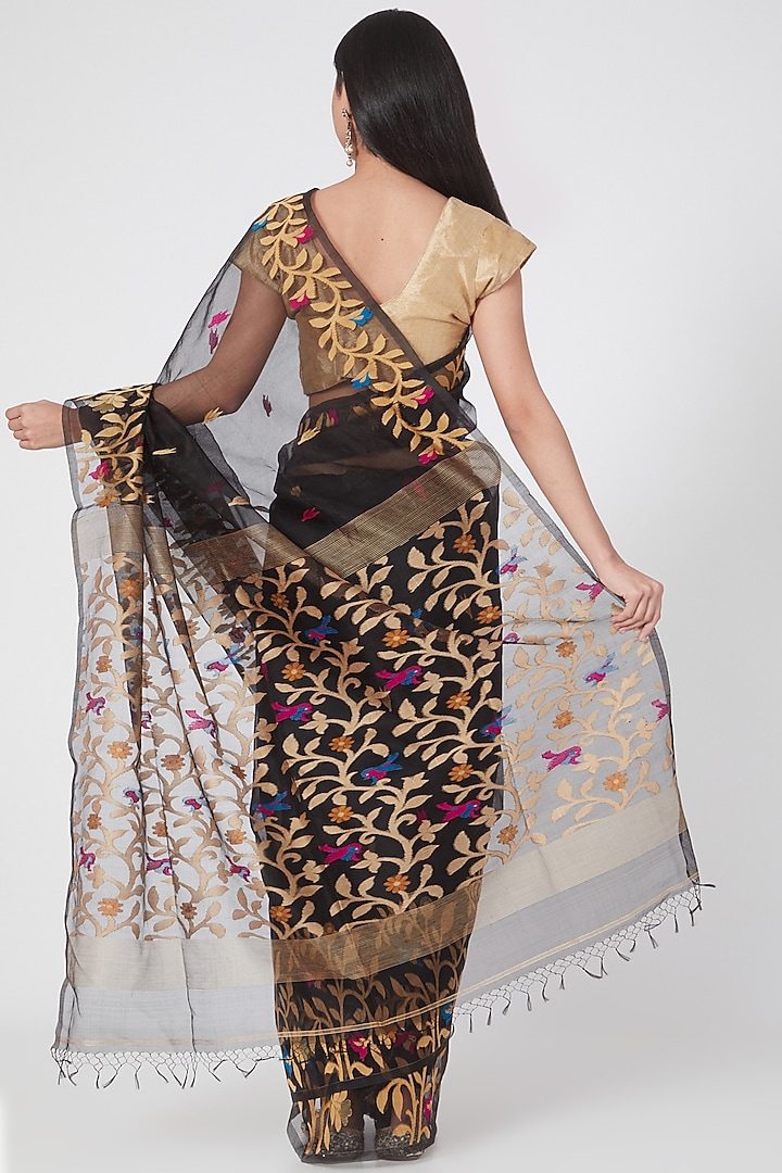 Black Resham Silk Floral Embroidered Party Wear Saree Set by Aditri at Pernia's Pop Up Shop