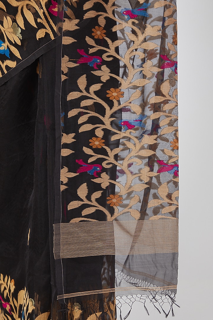 Black Resham Silk Floral Embroidered Party Wear Saree Set by Aditri at Pernia's Pop Up Shop