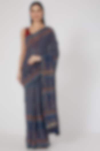 Cobalt Blue Ajrakh Printed Saree Set by Aditri