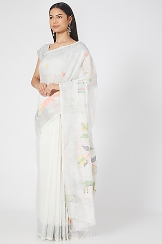 Ivory Resham Silk Floral Motifs Jamdani Saree Set by Aditri
