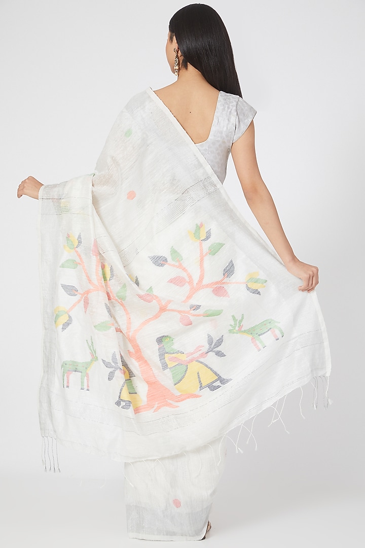 Ivory Resham Silk Floral Motifs Jamdani Party Wear Saree Set by Aditri at Pernia's Pop Up Shop