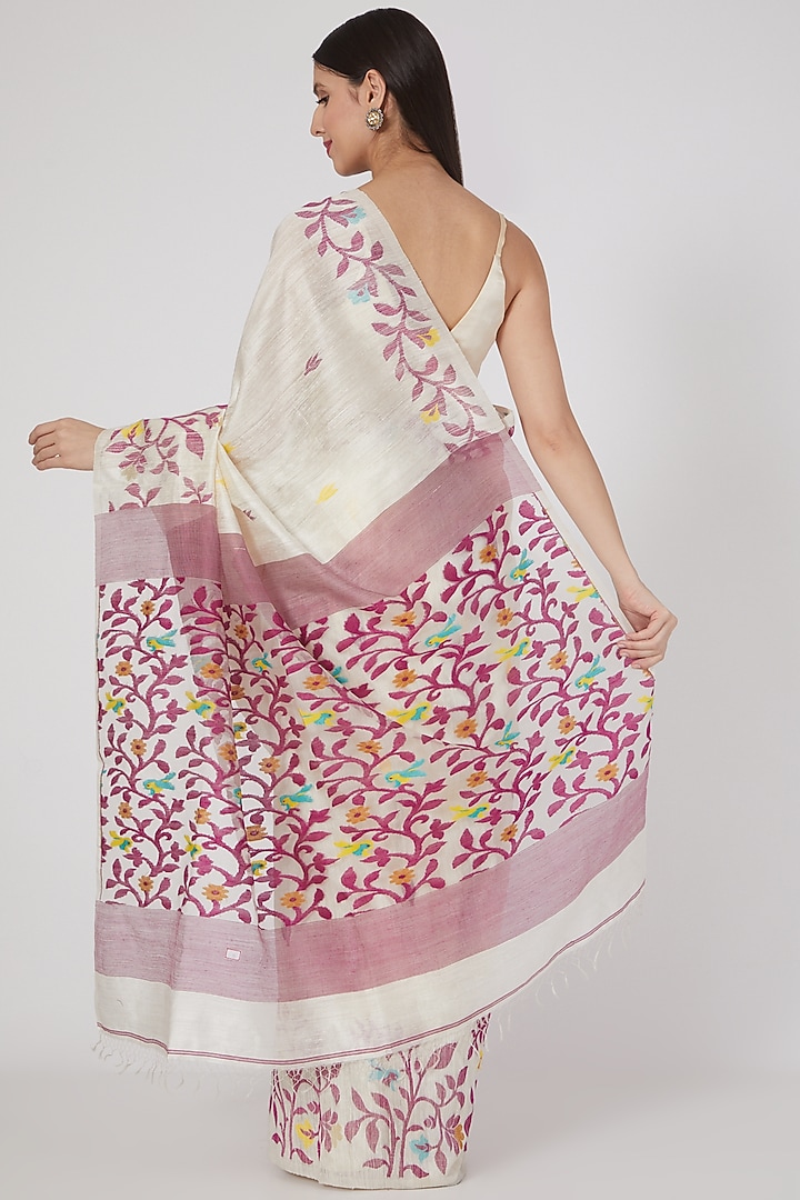 White Jamdani Party Wear Saree Set With Motifs by Aditri at Pernia's Pop Up Shop