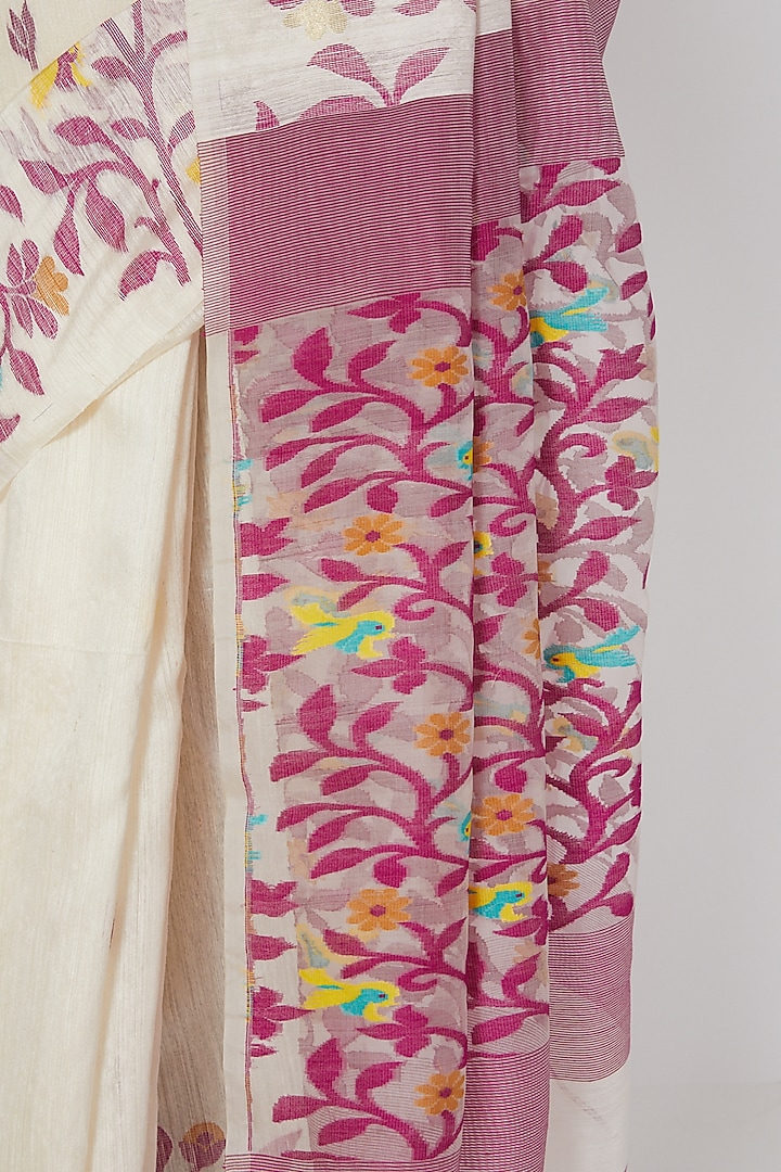 White Jamdani Party Wear Saree Set With Motifs by Aditri at Pernia's Pop Up Shop