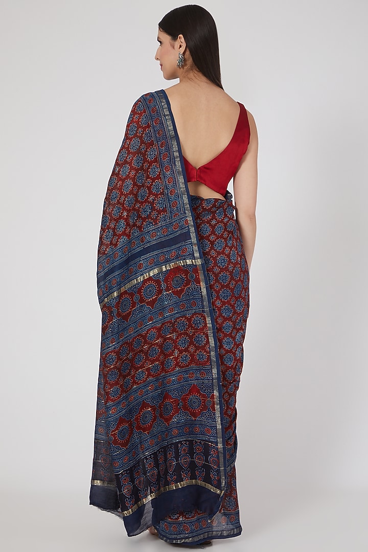 Maroon Ajrakh Hand Printed Festive Saree Set by Aditri at Pernia's Pop Up Shop