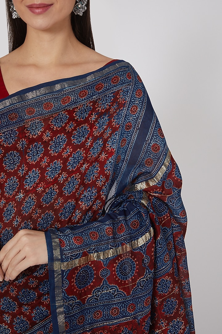 Maroon Ajrakh Hand Printed Festive Saree Set by Aditri at Pernia's Pop Up Shop