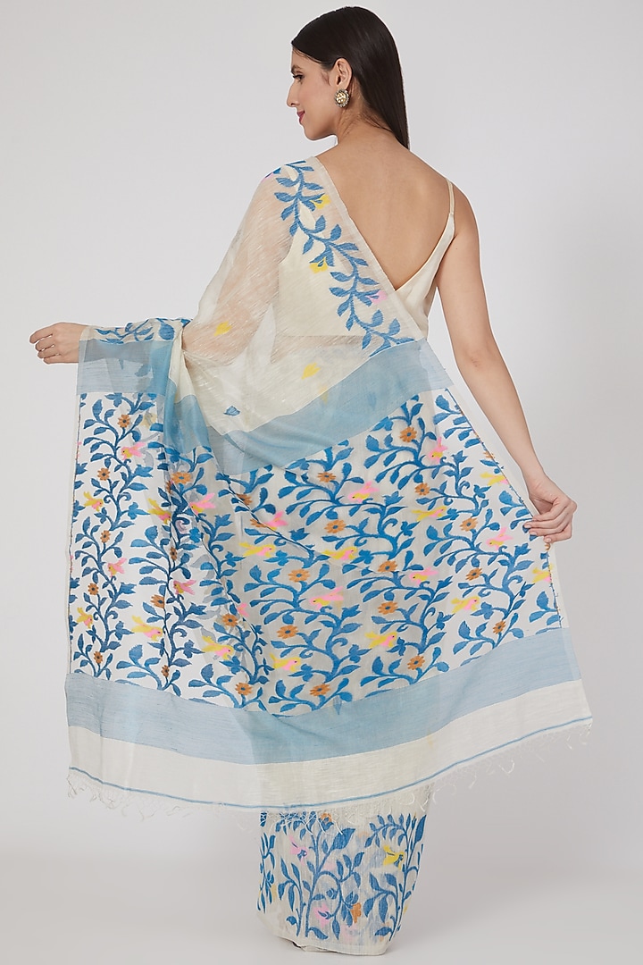 White Resham Silk Floral Motifs Jamdani Party Wear Saree Set by Aditri at Pernia's Pop Up Shop