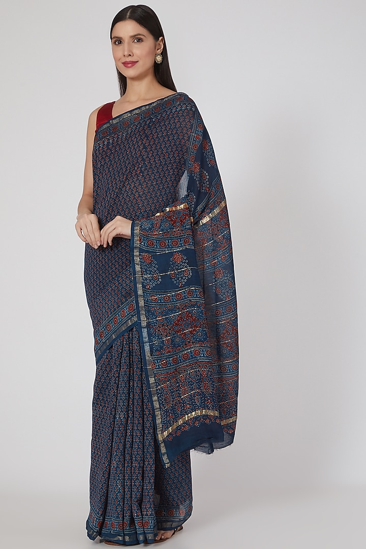 Indigo Ajrakh Hand Printed Saree Set Design By Aditri At Pernia's Pop 