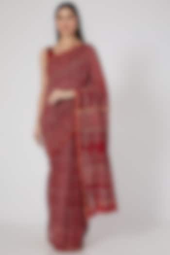 Maroon Ajrakh Printed Saree Set by Aditri