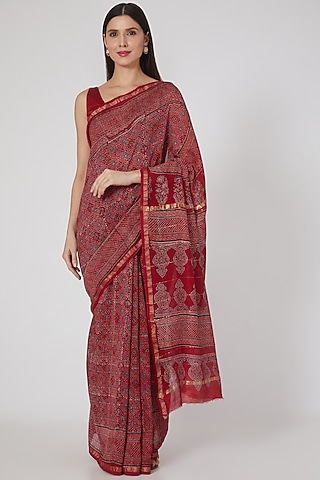 Maroon Ajrakh Printed Saree Set by Aditri