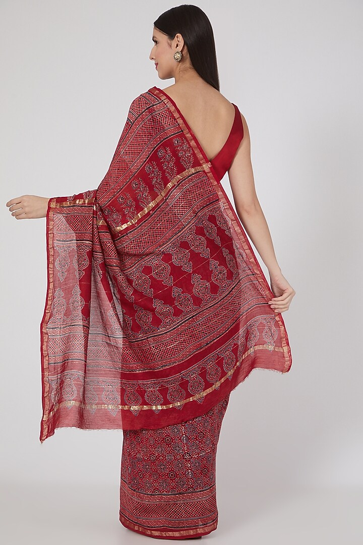 Maroon Ajrakh Printed Festive Saree Set by Aditri at Pernia's Pop Up Shop
