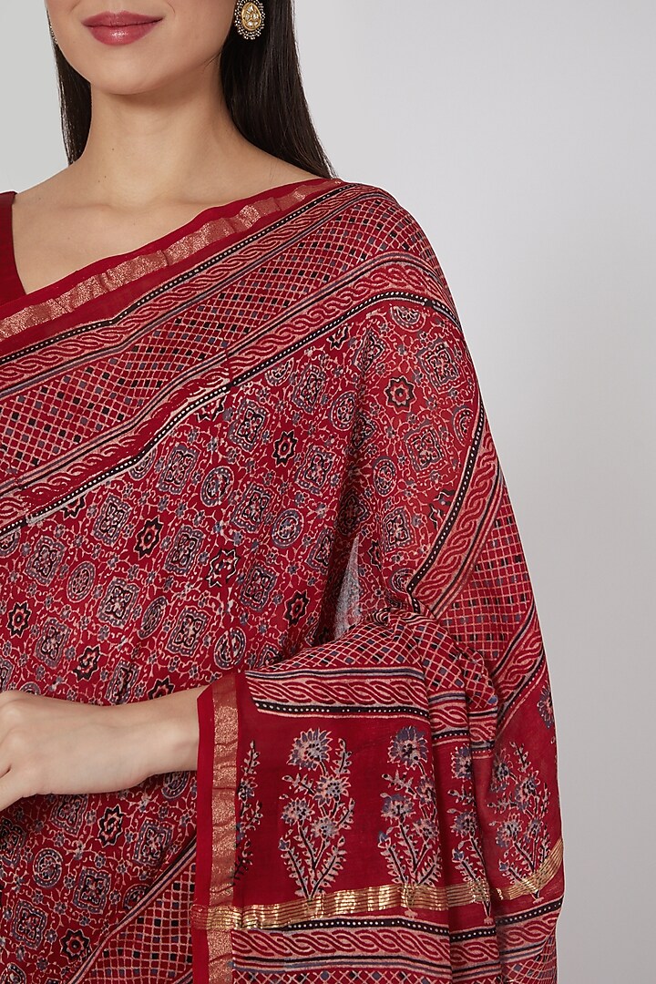 Maroon Ajrakh Printed Festive Saree Set by Aditri at Pernia's Pop Up Shop