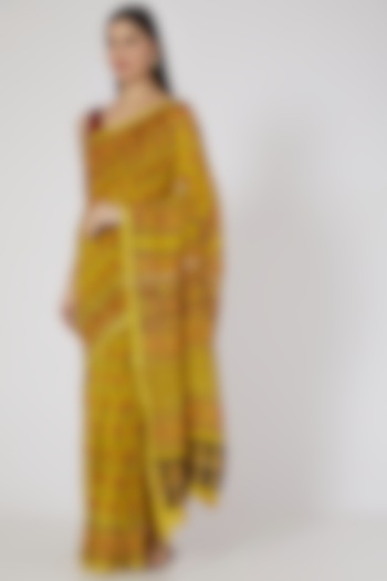 Mustard Ajrakh Printed Saree Set by Aditri