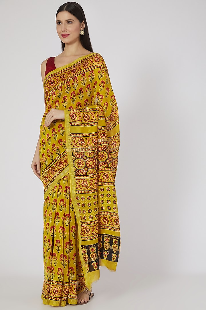 Mustard Ajrakh Printed Saree Set by Aditri