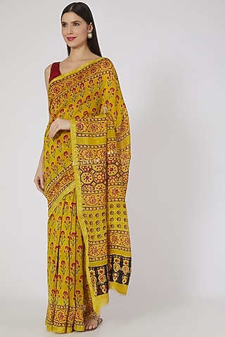 Mustard Ajrakh Printed Saree Set by Aditri