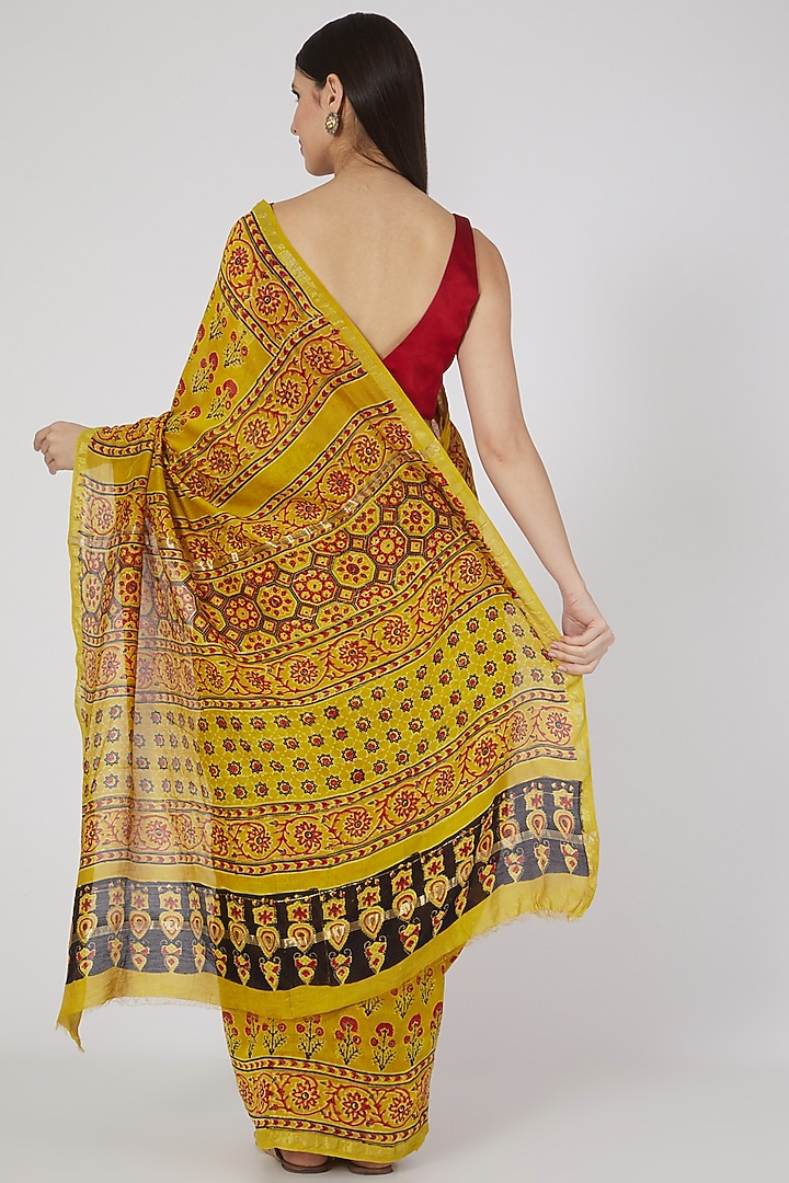 Mustard Ajrakh Printed Festive Saree Set by Aditri at Pernia's Pop Up Shop