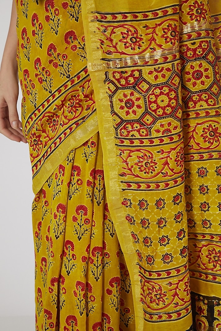 Mustard Ajrakh Printed Festive Saree Set by Aditri at Pernia's Pop Up Shop