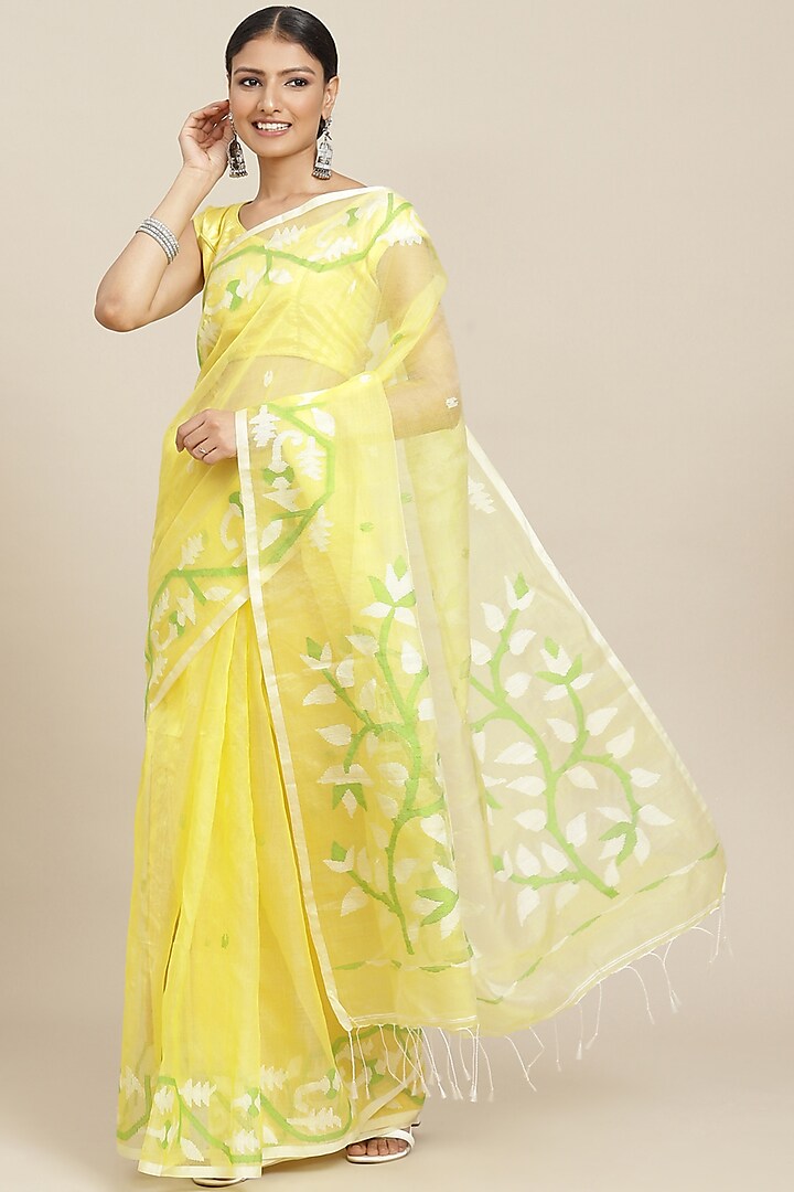 Yellow Jamdani Printed Handloom Saree by Aditri