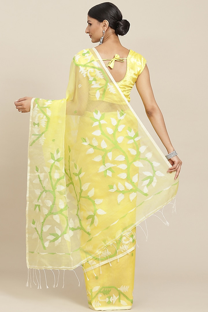 Yellow Jamdani Printed Handloom Party Wear Saree by Aditri at Pernia's Pop Up Shop