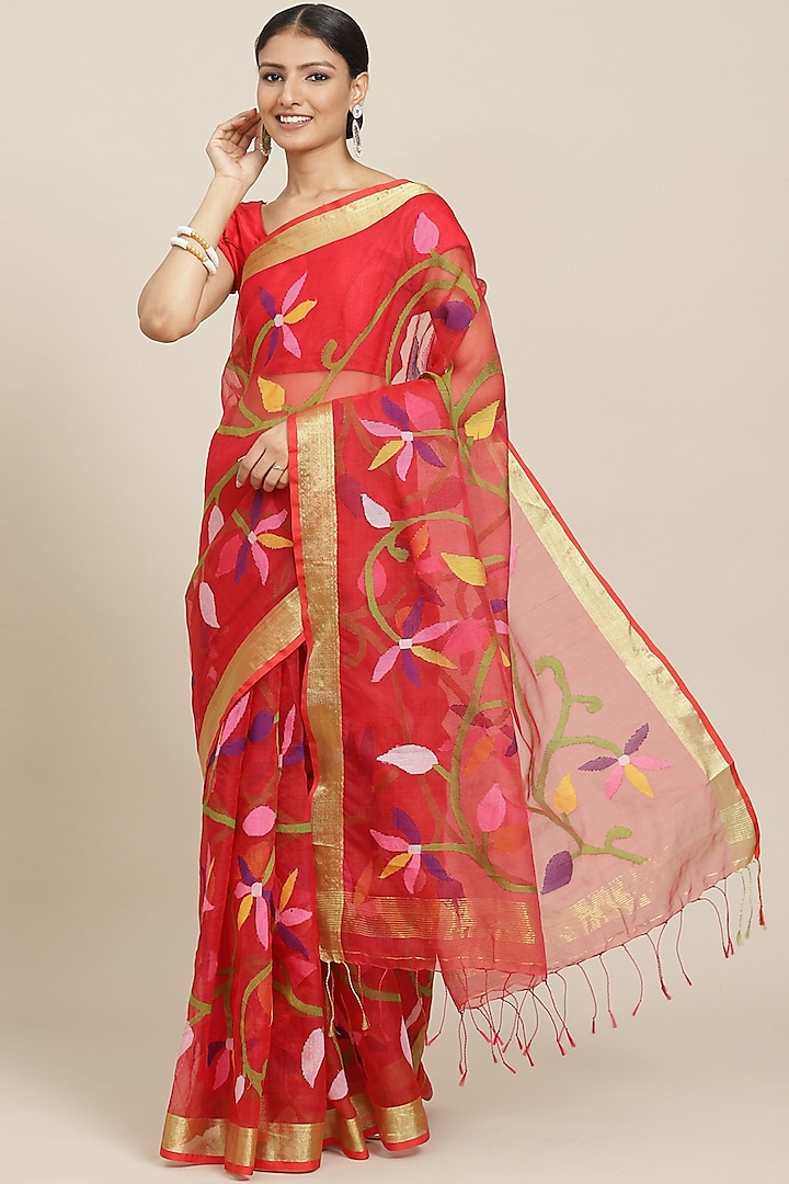 Red Pure Resham Silk Printed & Floral Motif Embroidered Handloom Saree by Aditri