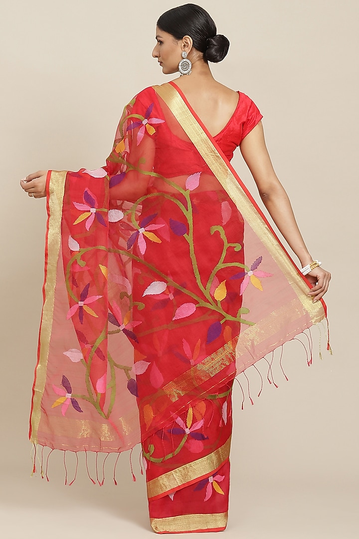 Red Pure Resham Silk Printed & Floral Motif Embroidered Handloom Party Wear Saree by Aditri at Pernia's Pop Up Shop