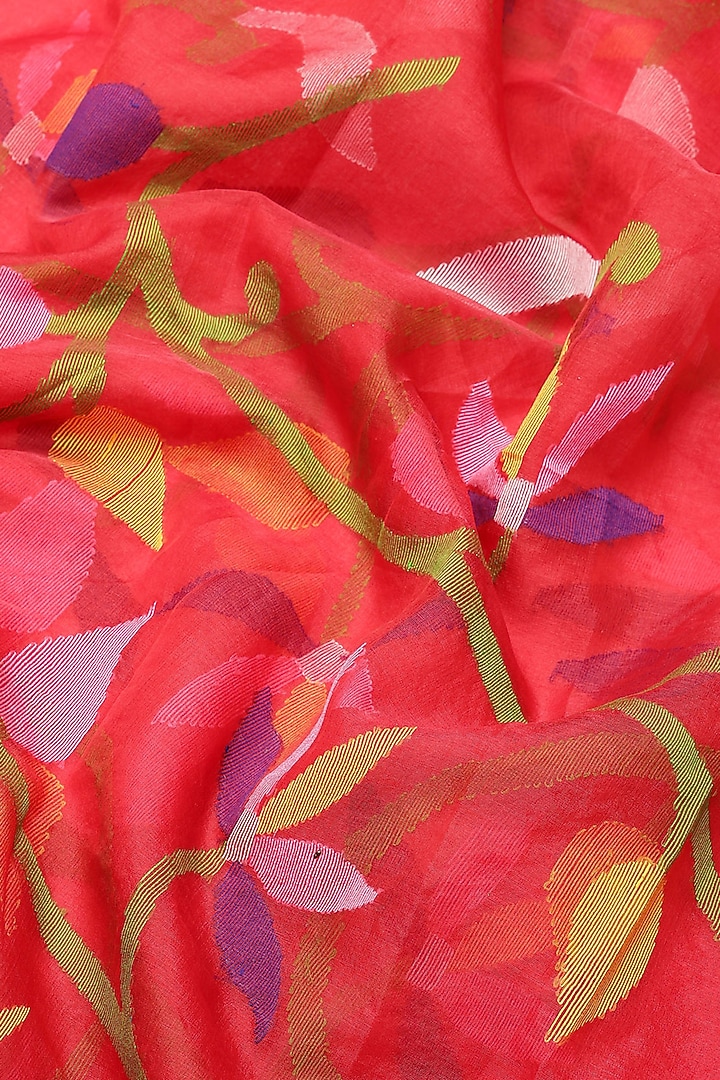 Red Pure Resham Silk Printed & Floral Motif Embroidered Handloom Party Wear Saree by Aditri at Pernia's Pop Up Shop