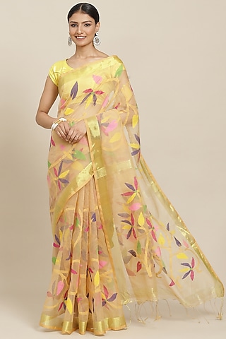 Yellow Pure Resham Silk Printed & Floral Motif Embroidered Handloom Saree by Aditri