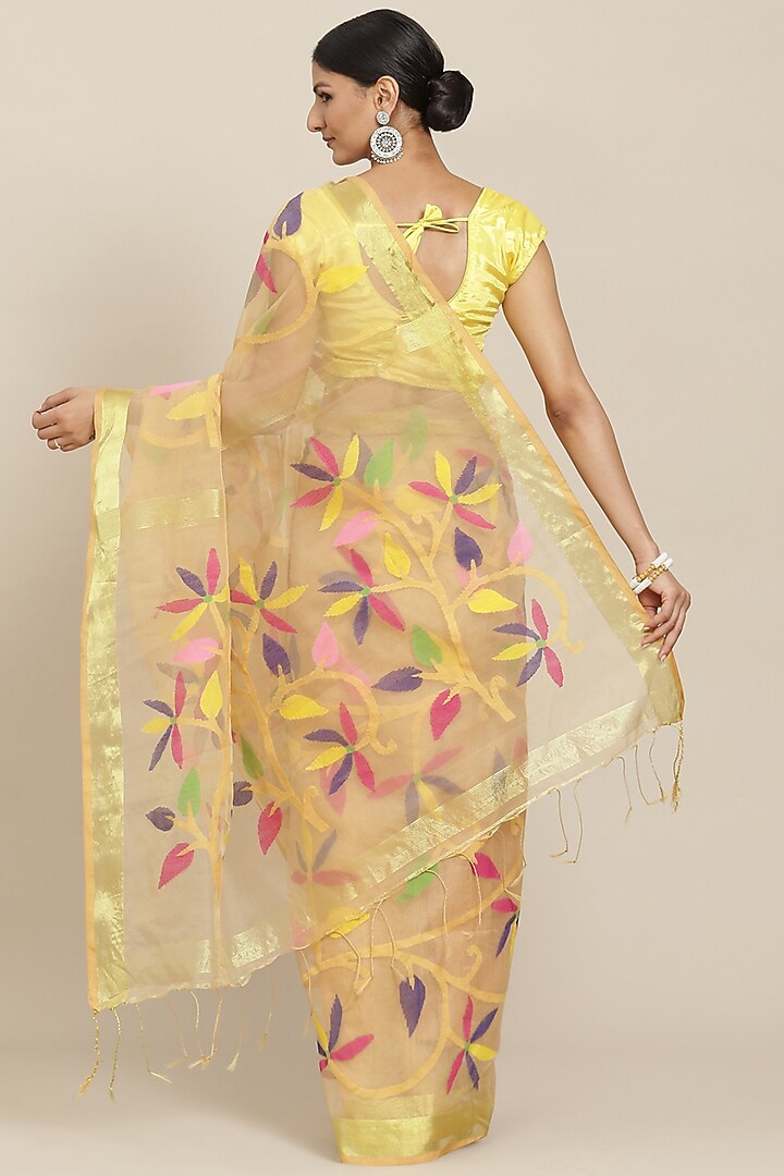 Yellow Pure Resham Silk Printed & Floral Motif Embroidered Handloom Party Wear Saree by Aditri at Pernia's Pop Up Shop