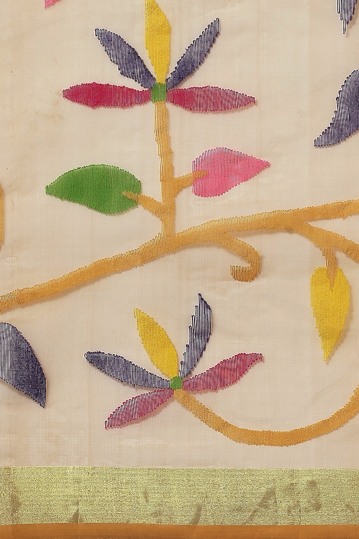 Yellow Pure Resham Silk Printed & Floral Motif Embroidered Handloom Party Wear Saree by Aditri at Pernia's Pop Up Shop