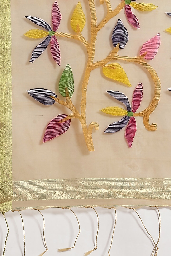 Yellow Pure Resham Silk Printed & Floral Motif Embroidered Handloom Party Wear Saree by Aditri at Pernia's Pop Up Shop
