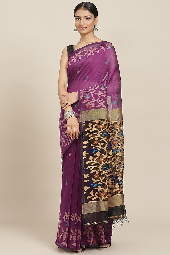 Purple Pure Resham Silk Printed & Floral Motif Embroidered Handloom Saree by Aditri
