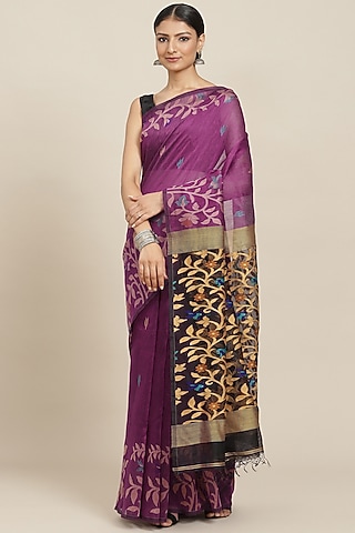 Purple Pure Resham Silk Printed & Floral Motif Embroidered Handloom Saree by Aditri
